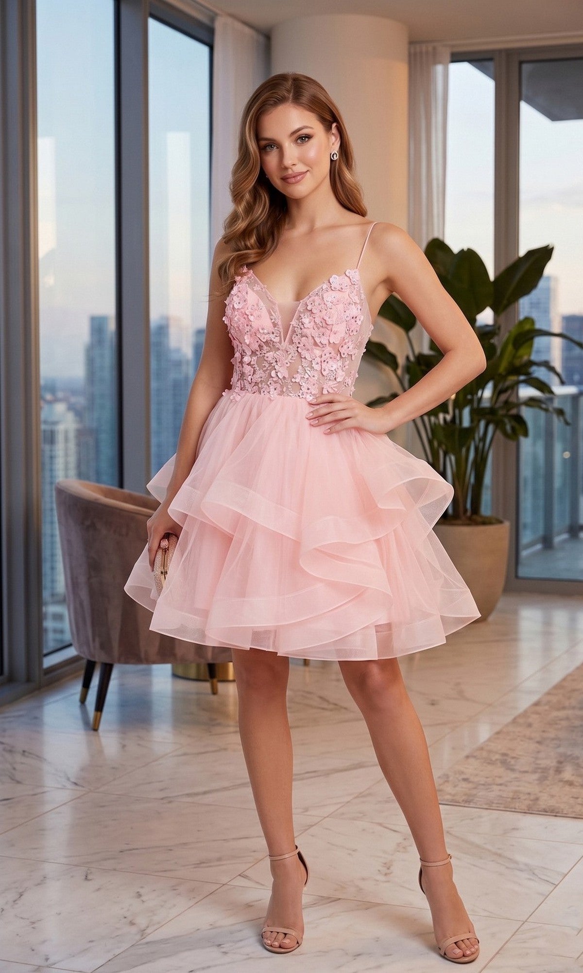 A woman stands indoors wearing the Chicas C320 Short Homecoming Dress in blush—this sleeveless, fit-and-flare style features layered tulle, floral detailing, and an embroidered bodice. She pairs it with nude heels, while large windows and a potted plant appear in the background.
